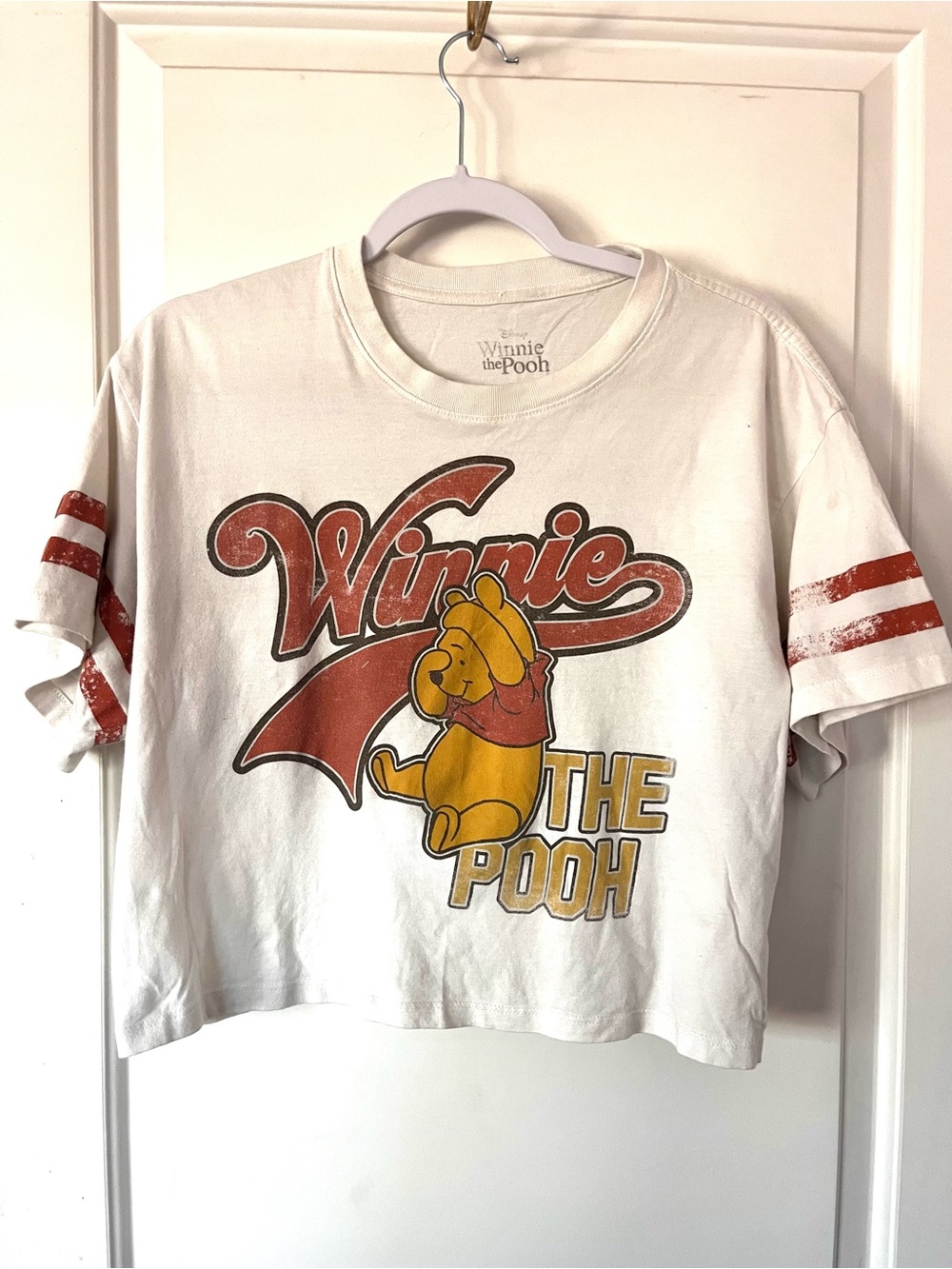 Disney White Winnie the Pooh Graphic Tee with Red Stripes sleeves